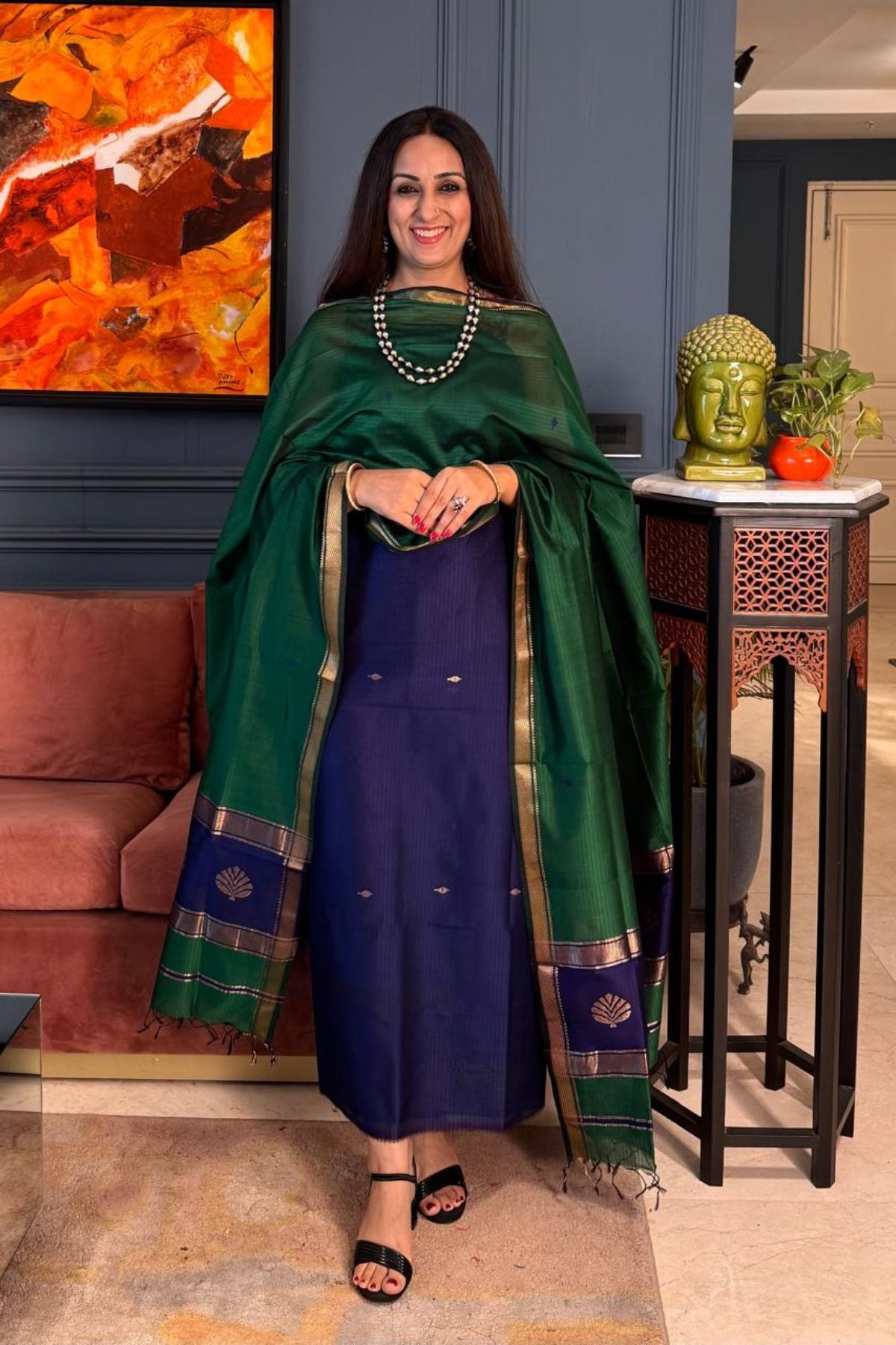 Handwoven Maheshwari silk kurta dupatta set